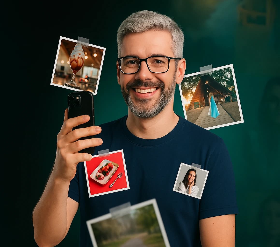 Fotógrafo con iPhone y fotografías